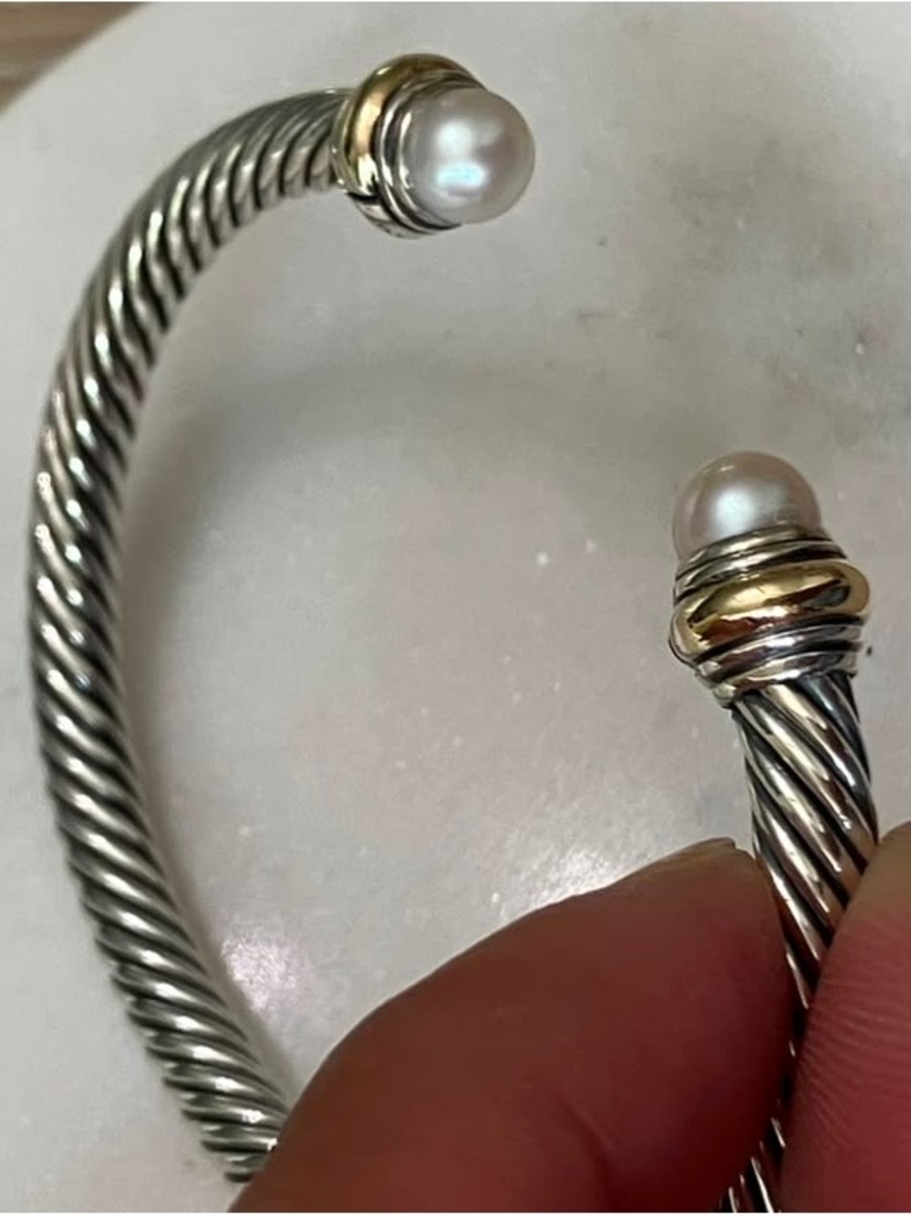 David Yurman Sterling Silver Pearl & 14K Gold 5mm Cable Cuff Bracelet Size Small